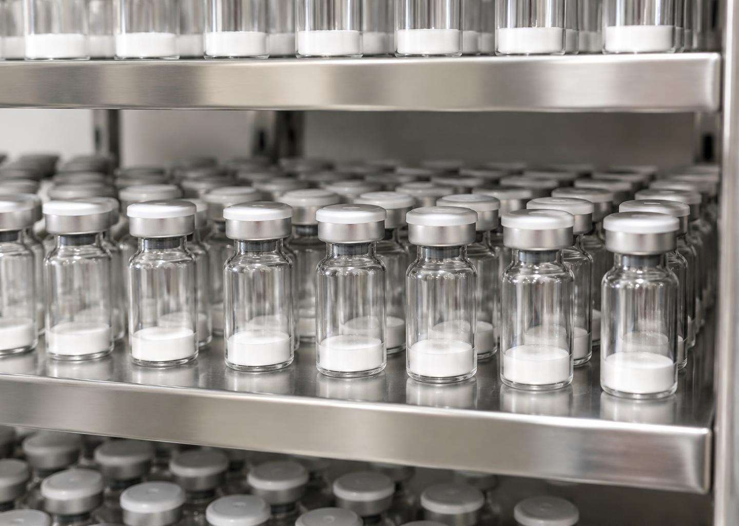 Sealed clear glass vials containing white lyophilized cakes on stainless steel shelves