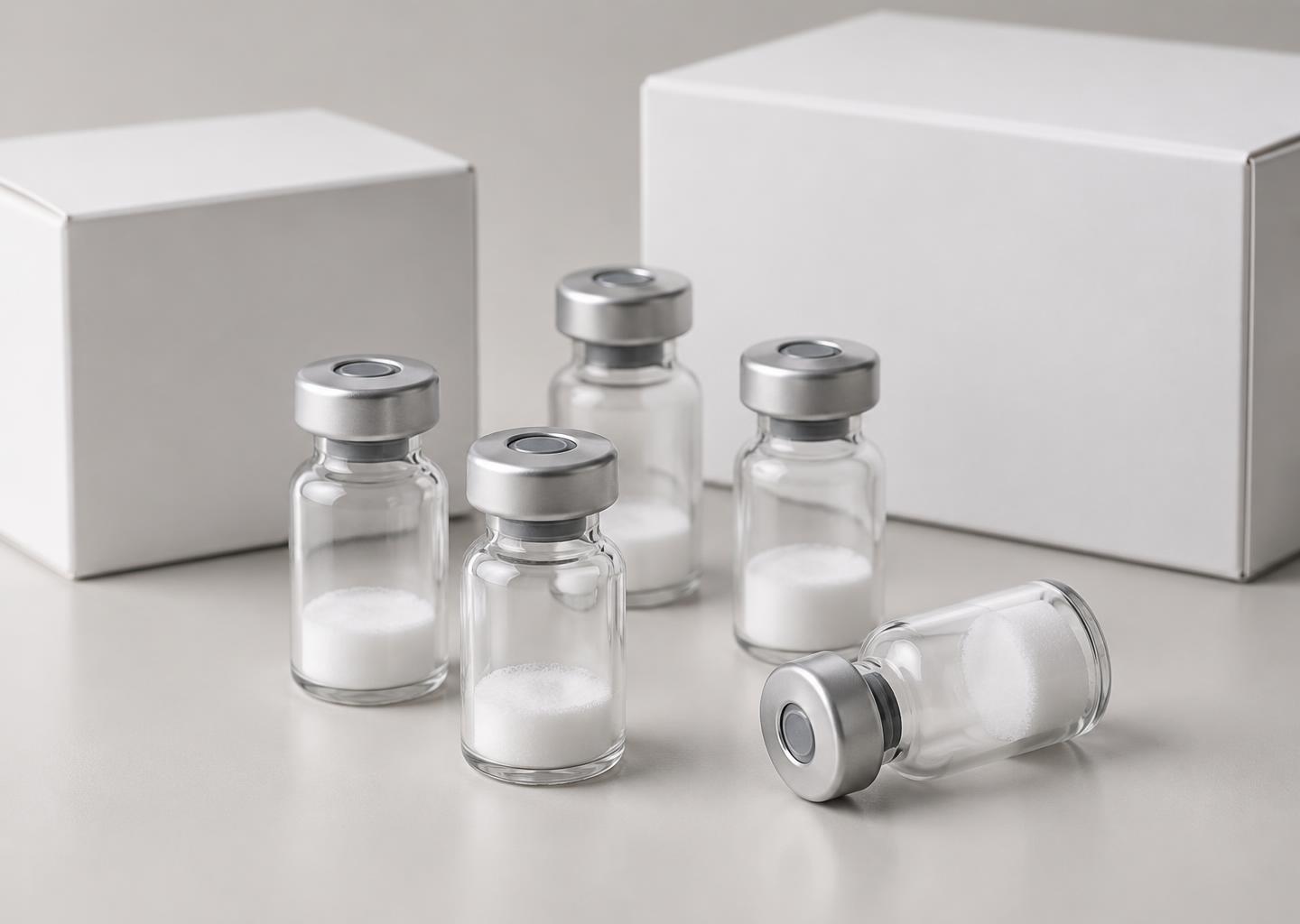 Sealed lyophilized vials and plain cases arranged on a clean laboratory surface