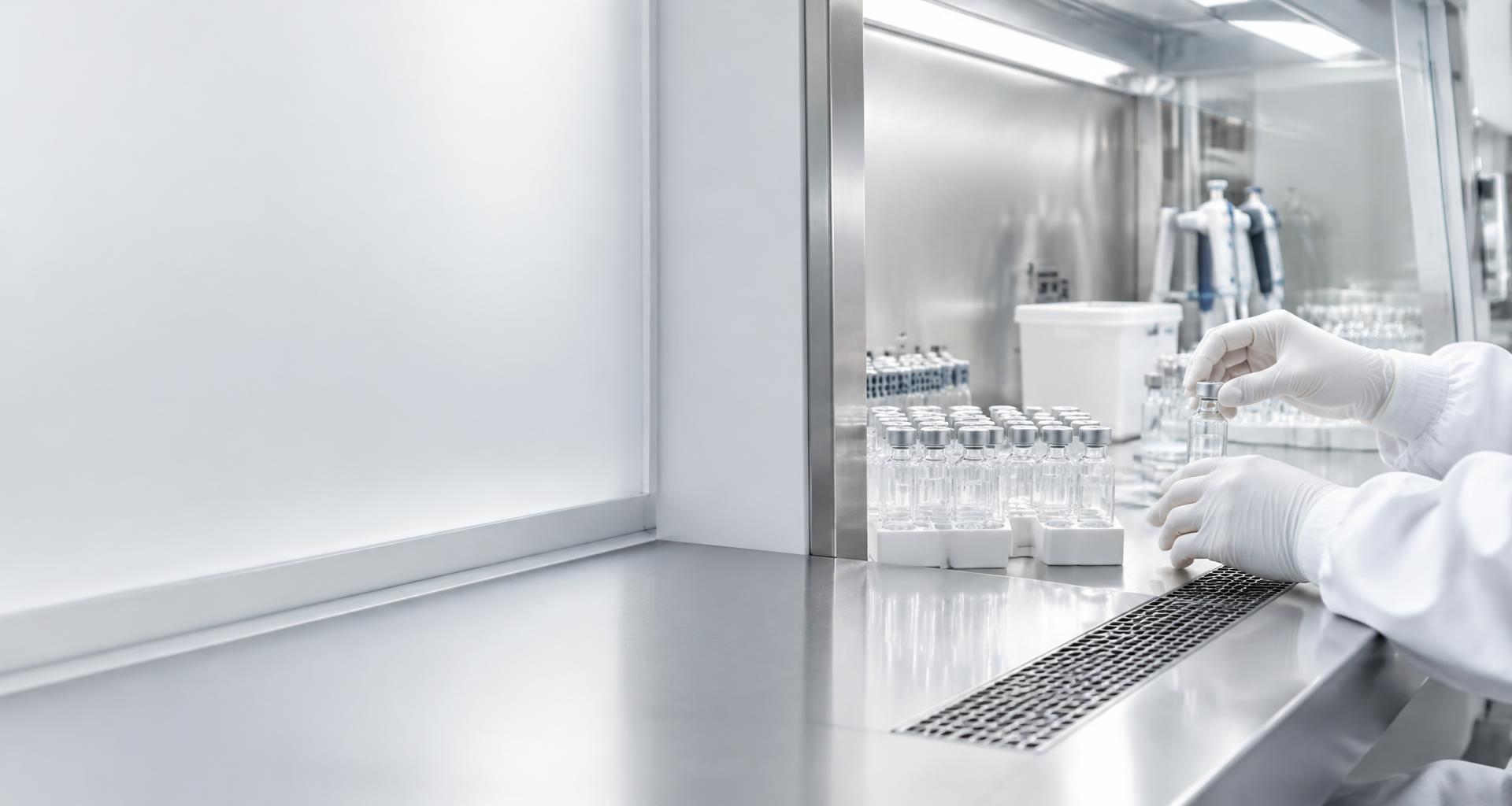 Gloved hands handling clear glass vials inside a laminar flow hood